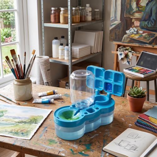Paint Brush Cleaner, Dual Tank Art Rinsing System with Brush Holder, ABS Plastic, 400ml Clean Water Tank, for Acrylic Watercolor Artists Students Classroom Studio, Blue