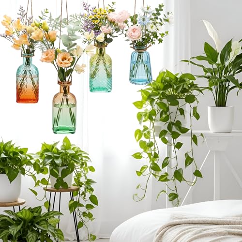 6 Pcs Stained Glass Hanging Vases Hanging Glass Planters 4 Styles Small Plant Terrarium Pot Containers with Rope for Garden Home Indoor Outdoor Decor Holders Wall Windowsill