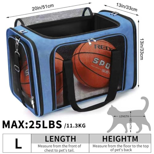 Soft-Sided Cat/Dog/Pet Carrier, Collapsible Pets Travel Carriers | For Big Cats/Small Dogs with Shoulder Strap & Removable Mat, Mesh Puppy Carry Bag, Up to 25 Lbs, TSA Airline Approved (Blue) - color: BLUE, size: 20"L x 13"W x 13"H