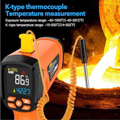 Infrared Thermometer Temperature Gun,-40℉~2912℉ Pyrometer, 50:1 High Temp Thermometer with Thermocouple Probe, Non-Contact Digital IR Laser Thermometer for Industrial HVAC Forge Metal - color: Orange -40°F - 2912°F(-40-1600℃)