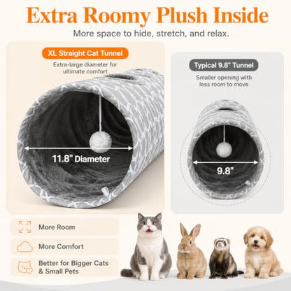 Geometric Straight Cat Tunnel with Plush Inside,Cats Toys Collapsible Tunnel Tube with Balls, for Rabbits, Kittens, Ferrets,Puppy,Diameter 11.8 Inch - size: Extra Large Straight Tunnel