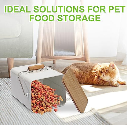 Cat Food storage container Cat Treats Jar,5~6 lb Metal food treats tin for Cat, pet snacks Canisters with wooden lid/handle/sevice scoop-White - color: Cat-White