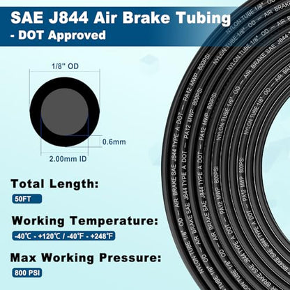 1/8" DOT Air Line, 50FT SAE J844 PA12 Nylon Air Tubing with Cutter | 1/8" DOT-Approved Brake Line, Flexible PA12 Nylon Tubing for Air Suspension Kit, Truck Trailer Brake System & Fluid Transfer - size: 1/8" OD 50FT