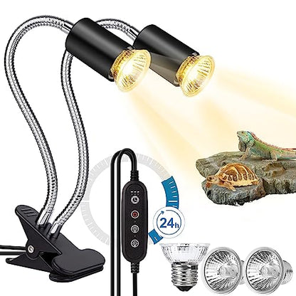 Reptile Heat Lamp, Double-Head Reptile Light Timer, UVA UVB Reptile Light with Clamp for Tortoise, Leopard Gecko, Bearded Dragon, Lizards and More, E26/27 Base with 3 Bulbs - style: Dual-Head-Lamp