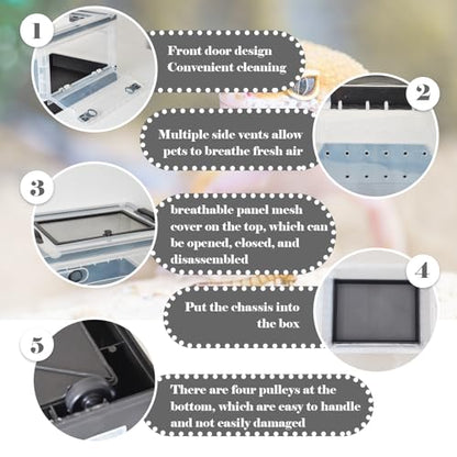 PINVNBY Plastic Reptile Feeding Box with Wheels,Reptiles Breeding Enclosure Cages Transparent Amphibians Habitat Terrarium Tank Portable Transport Container for Lizard,Bearded Dragon(Black) - color: 【Black】
