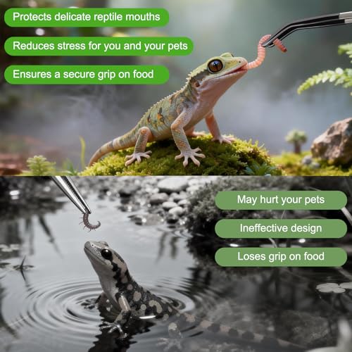 2 Pcs Extra Long Stainless Steel Reptile Feeding Tongs 10.6 IN with Soft Rubber Tip – Straight & Curved Tweezers for Bearded Dragon, Tank Accessories, Lizards, Terrarium, Aquarium, Leopard Gecko