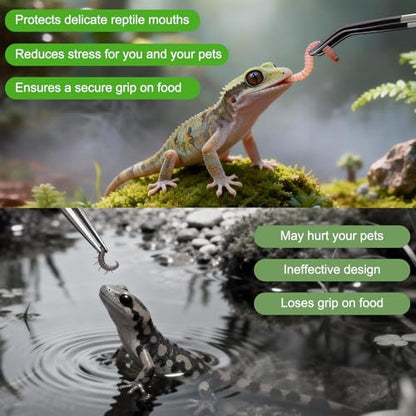 2 Pcs Extra Long Stainless Steel Reptile Feeding Tongs 10.6 IN with Soft Rubber Tip – Straight & Curved Tweezers for Bearded Dragon, Tank Accessories, Lizards, Terrarium, Aquarium, Leopard Gecko