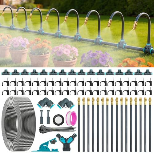360°Adjustable Drip Irrigation System,100FT Irrigation System for Garden | 16 Copper Nozzles,82Pcs Automatic Misting Sprinkler,5/16" Tubing, Ideal for Raised Bed, Patio,Lawn, and Yard Care Projects - size: 100FT