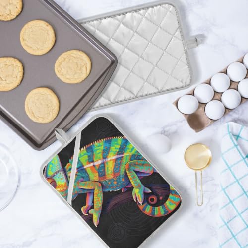 Pot Holder Set 170℃ Heat Resistant | 8mm Thick Padding BBQ，Microwave Two Piecing Vibrant Rainbow Reptile on Branch