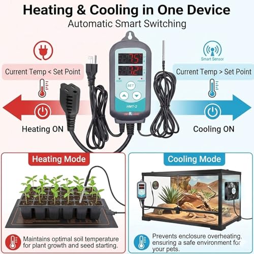 Temperature Controller for Reptile Heat Mats, 1500W, 3 Outlets, LONRI HEAT | Probe thermostat controls heating/cooling with power-off memory; 3 outlets run reptile tanks, heat mats, seedlings & brewing.