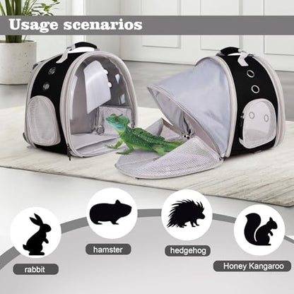 WEVONIGU Expandable Small Animal Backpack Carrier with Clear Bubble Window Large Space Travel Cage for Hedgehog Rat Parrot,Bearded Dragon,Sugar Glider,Airline Approved (Black, BE Backpack) - color: Black, size: BE Backpack