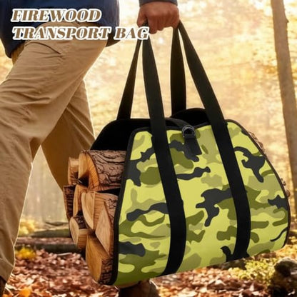Camo Print Padded Handle Firewood Carrier | Water Resistant, Lightweight Foldable Design, Large Capacity, Easy Transport, Indoor Outdoor Firewood Holder - color: Lime Light Green Soft Camo Print