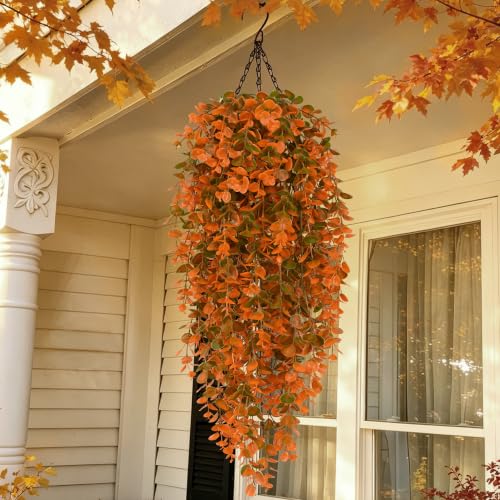 4Pcs Fake Hanging Plants, Eucalyptus Leaves Fake Vines Fall Decor | UV Resistant Fake Ivy Artificial Plants Outdoor Faux Plants Indoor Bedroom Living Room Boho Wall Porch Shelf Decor - color: Orange Eucalyptus Vines, size: 4Pcs Plants