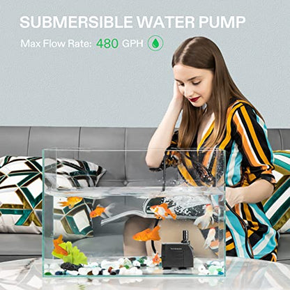 VIVOSUN 480GPH Submersible Fountain Water Pump for Pond, Aquarium, Statuary | 1800L/H, 25W, Ultra Quiet Water Pump with 7.2ft High Lift and 5ft Power Cord, 3 Nozzles for Fish Tank, Hydroponics Black - size: 6"×4"-480
