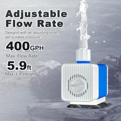 400GPH Water Fountain Pump 25W Pond Pumps Ultra-Quiet | Adjustable Flow Rate for Fountains, Hydroponics, Ponds, Aquariums, and More