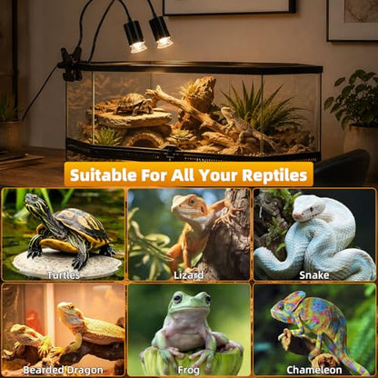Dual-Head Reptile Heat Lamp Bundle, 24H Cycle Timer & Hygrothermograph | 360° Rotatable, UVA & UVB Basking Heat Lamp for Turtle Snake Tortoise Bearded Dragon Lizard