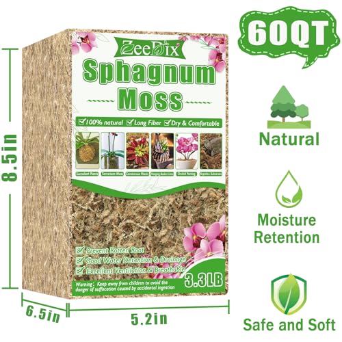 3.3 lb Premium Sphagnum Moss Bulk, Dried Long Fiber Orchid Sphagnum Peat Moss for Indoor Outdoor Plants, Carnivorous Plants, Succulent, Monstera & Reptiles Habitats (Expands to 60 qt) - size: 3.3 pounds