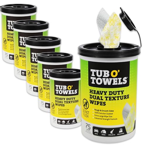 Tub O' Towels TW75 Heavy-Duty Multi-Surface Cleaning Wipes – Dual Texture 10" x 12" XL, 75 Count, Pack of 6 – Removes Grease, Tar, Oil, Paint, Ink & Tough Stains – Home, Garage, Auto & Workshop - size: 1 Count (Pack of 6)