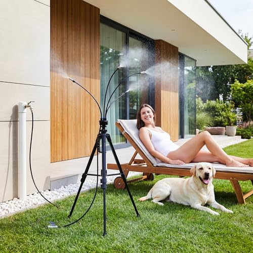 Standing Misters for Outside Patio, 4.8FT Adjustable Height | Tripod Base, 26FT Misting Hose, Portable Misting System For Backyard Tanning, Pool, BBQ Cooling & Garden Watering