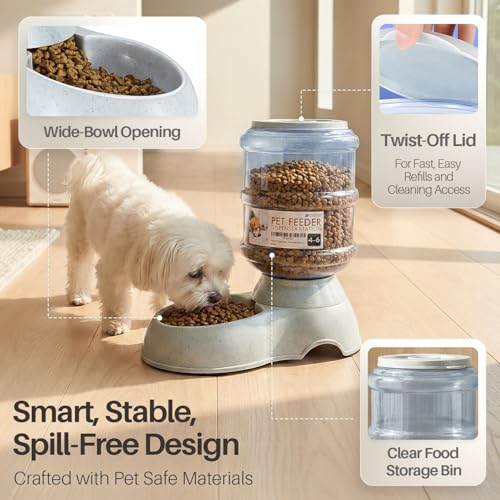 Flexzion Automatic Pet Feeder & Waterer Set of 2 Pack, Self Feeding Replenish Dog Cat Bowls, Gravity Food & Water Storage Container Fountain Jug Pet Supplies Plastic Skid Proof Rubber Feet (1 Gallon) | Self-Replenishing Dry Food Station with Non-Skid Feet