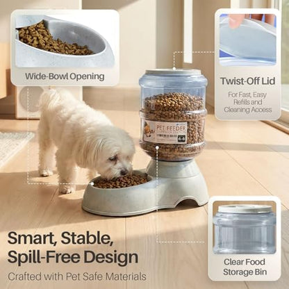Flexzion Automatic Pet Feeder & Waterer Set of 2 Pack, Self Feeding Replenish Dog Cat Bowls, Gravity Food & Water Storage Container Fountain Jug Pet Supplies Plastic Skid Proof Rubber Feet (1 Gallon) | Self-Replenishing Dry Food Station with Non-Skid Feet
