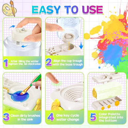 Paint Brush Cleaner Tool, Paint Brush Rinser with Holder, White | Water circulation paint brush washer with palette and brush holder for watercolor, acrylic, gouache, beginners and kids. - color: White