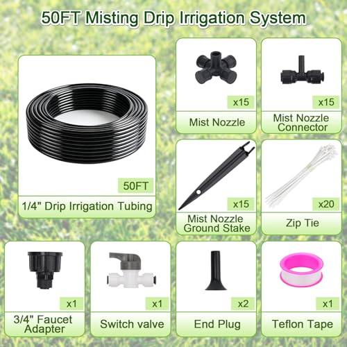 50FT Drip Irrigation System Kit, Garden Watering System | with Quick Connectors 1/4 inch Drip Tubing & Quick Connect Fittings Adjustable Mist, Watering System for Outdoor Plants