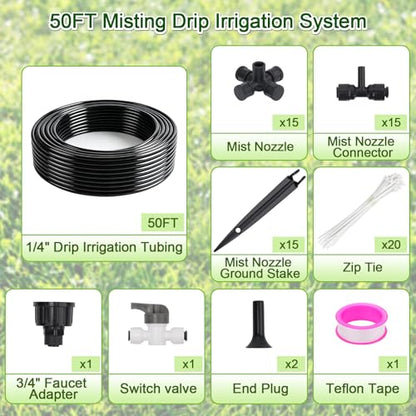 50FT Drip Irrigation System Kit, Garden Watering System | with Quick Connectors 1/4 inch Drip Tubing & Quick Connect Fittings Adjustable Mist, Watering System for Outdoor Plants