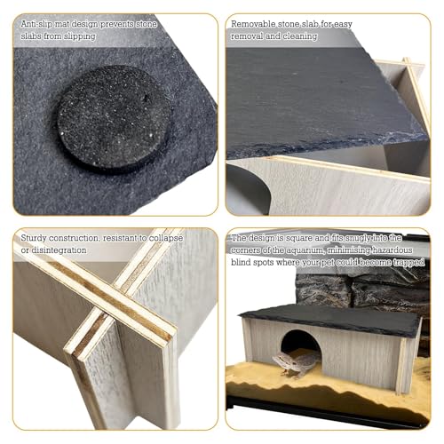 PINVNBY Bearded Dragon Basking Platform, Wood Reptile Hides and Caves, Crested Gecko Hide with Slate Rock, Leopard Gecko Tank Accessories for Small Lizard Snake Turtle (S: 5.9x5.9 inches) - size: S: 5.9x5.9 inches