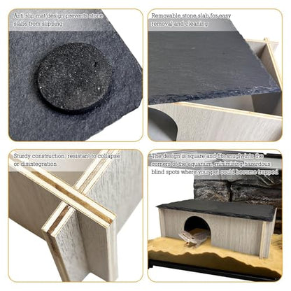 PINVNBY Bearded Dragon Basking Platform, Wood Reptile Hides and Caves, Crested Gecko Hide with Slate Rock, Leopard Gecko Tank Accessories for Small Lizard Snake Turtle (S: 5.9x5.9 inches) - size: S: 5.9x5.9 inches