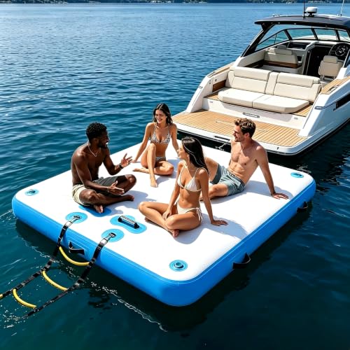 5ft/6ft/8ft/10ft Floating Dock Water Platform, Multi-People Inflatable Floating Mat | Stable dock platform structure, suitable for lake, boats, water island and swimming pool for group water activities - color: Blue/White, size: 8ft x 5.25ft x 0.5ft
