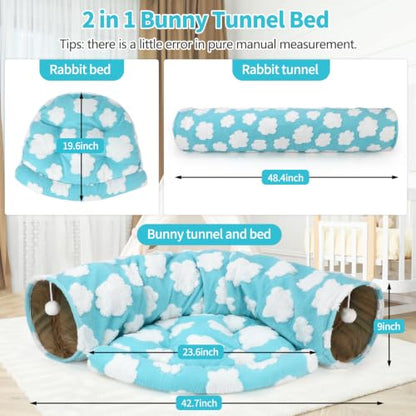 BWOGUE Bunny Tunnel Bed, 2-in-1 Collapsible Rabbit Tunnel Hideout with Mat | Removable Mat for Washing, 46.8 in Length, Ball Toy for Play, Cats Rabbits Guinea Pigs, Clouds Blue - color: Clouds Blue