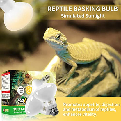 LUCKY HERP New Upgrade 100W Reptile Heat Lamp Bulb (3rd Gen, Safer), Amphibian Basking Spot Light Bulb, UVA Reptile Daylight Bulb for Turtle, Bearded Dragon, Lizard Heating Use (2 Pack) - size: 100