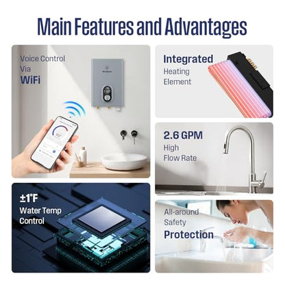 Westinghouse Wifi Tankless Water Heater Electric,11kW 240V,1 Point Use,Gray | Max 2.56GPM, 86-140℉ Temp.Range, ETL Certified, Space-Saving, Smart Wifi Compatible with Alexa & Google Home - color: Gray 11