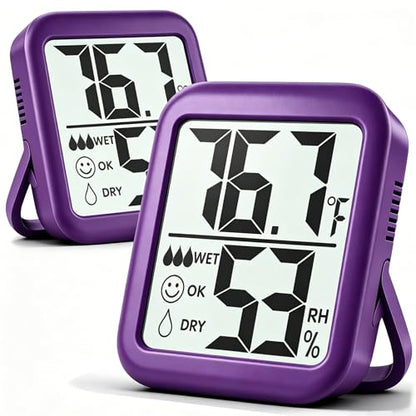2 Pack Room Thermometer Indoor Hygrometer | Monitor Temperature & Humidity, Accurate, Fast Read, Easy To View, Magnetic/Kickstand/Hanging, ℉/℃, w/ Battery, Compact - color: 2 Pcs* Lavender Purple