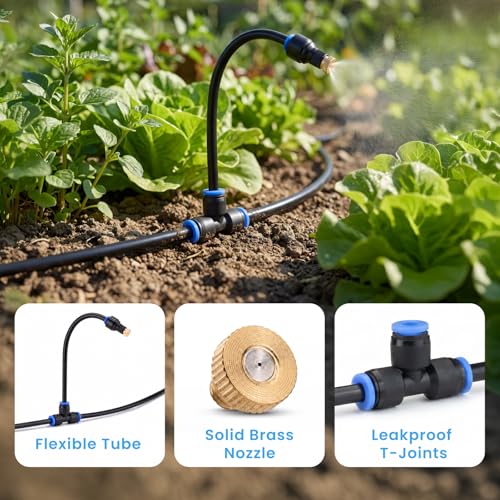 Adjustable Misting System, 360° Flexible Brass Nozzles, 32FT | Pre-assembled Mister Hose for Patio Cooling, Garden Irrigation, Greenhouse Watering, Pet Chicken Coop Cooling - size: 32FT / 10M