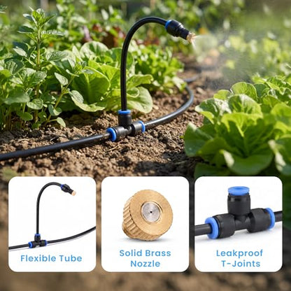 Adjustable Misting System, 360° Flexible Brass Nozzles, 65FT | Pre-assembled Mister Hose for Patio Cooling, Garden Irrigation, Greenhouse Watering, Pet Chicken Coop Cooling - size: 65FT / 20M