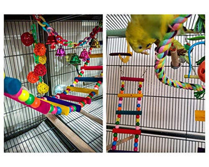 Bird Ladder Toys Coloured Flexible Parrot Swing Bridge Wooden Cockatiel Cage Hanging Climbing Ladder - size: 27.6 in (12 Steps)
