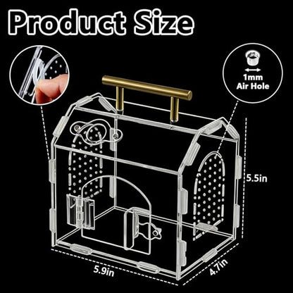 5.9" Acrylic Spider Enclosure, Clear Habitat with Magnetic Door | Clear acrylic habitat with magnetic feeding door and ventilation holes for jumping spiders tarantulas and small invertebrates - size: Handle House Acrylic Terrarium