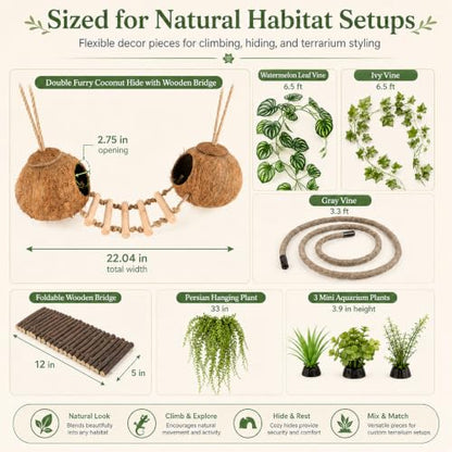 RUNANIA Crested Gecko Tank Accessories, Reptile Hanging Plants Vines with Natural Double Coconut Hideout & Climbing Ladder Decor for Hermit Crab Lizard Leopard Gecko Chameleon Snake Terrarium Decor