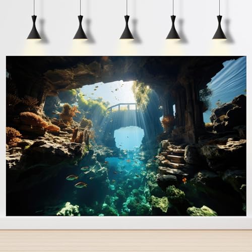 2 Packs Under The Sea Aquarium Background Underwater Rock Bridge Jungle Cave Landscape Fish Tank Background Blue Water Sunbeams Fantasy Rocks Moss Sunrays Aquarium Fish Tank Backgrounds 24x12in - color: Dark_Blue, size: 24(W)x12(H)inches/ 60(W)*30cm(H)