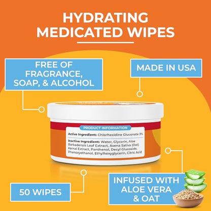 3% Chlorhexidine Wipes for Dogs and Cats - Cleansing Antiseptic, Antibacterial, Antifungal Wipes with Aloe for Skin Infections, Itchy Yeast Paws, Cat Acne - size: 50