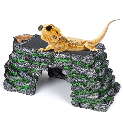 3 in 1 Large Bearded Dragon Basking Platform 13.4x7.1x5.3 in Scape Step Ledge Cave Hideout Natural Rock Reptile Food Bowl Reptile Tank Accessories for Lizard, Geckos, Ball Pythons, Tortoise