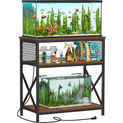 Snughome 29 Gallon Aquarium Stand with Charging Station, Heavy Duty Fish Tank Stand with Storage Cabinet, Metal Aquarium Stand Fits 20 Long, 29 & 30 Gallon Tanks, 350 LBS Capacity, Rustic Brown