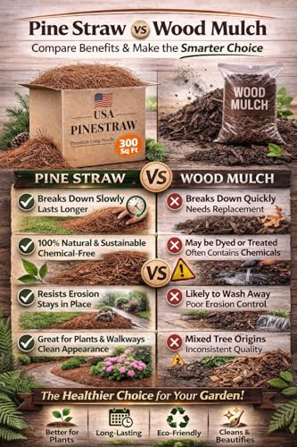 Long Needle Pine Straw Mulch - 300 Sqft Coverage 1 Set - Premium USA Harvested PineStraw for Landscaping, Weed Control, Moisture Retention & Erosion Control - USA Pinestraw - size: Pine Needle Mulch - 300 Sqft 1 set