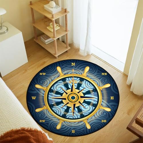 keepcute 6 ft Round Compass Rose Area Rug Nautical Non Slip Floor Mat - color: Gold Compass Rose, size: 6' (Round)
