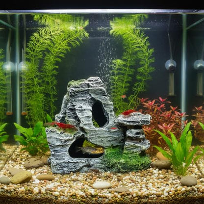 Resin Aquarium Mountain Decor with Moss Rock Cave - Multi-Level Terrain for Fish Tank Landscaping, Natural-Looking Rockery Design with Hidden Cave and Crevices for Shrimp, Reptile Habitat Aquascaping