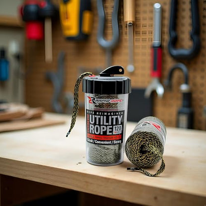 Rapid Rope Canister, 120ft Camo Tactical Paracord, 1100lb Test, USA Made | Heavy Duty Poly Rope Test Cord, Non-Tangle Dispenser Included, For Hiking, Camping, Survival, Utility, Stocking Stuffer, Gift - size: 120ft, style: Camo
