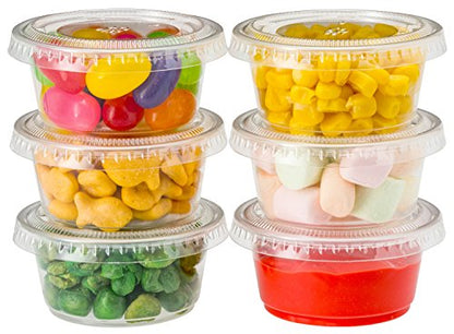 DuraHome Plastic Portion Cups with Lids 2 oz. Pack of 150 Leakproof Jello Shot Cup Mini Containers for Salad Dressing Sauce Condiment Snack Souffle and Salsa, Disposable - style: 150 Sets - 2oz.