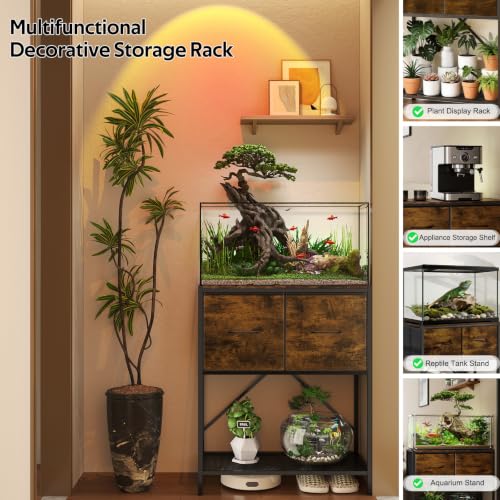 5-20 Gallon Fish Tank Stand, 3-Tier Heavy Duty Metal Aquarium Table | Vintage Wood Reptile Tank Stand with Drawers for Living Room & Office, 200LBS Capacity, 24.8x12.6x31.5 In